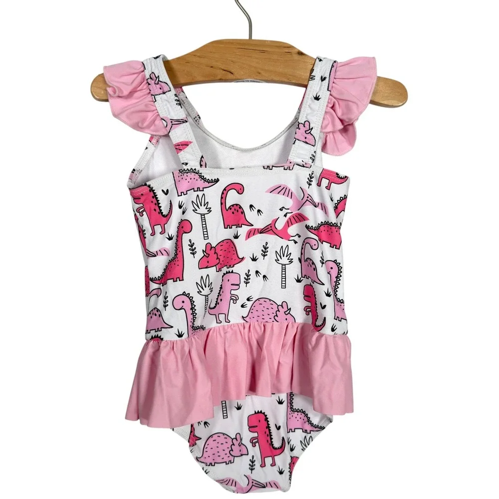 Unbranded Girls Pink Dinosaur Skirted One Piece Swimsuit 3T NWOT Ruffle